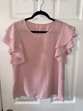 Women’s pink Swiss dot blouse featuring double-layer ruffle sleeves Business